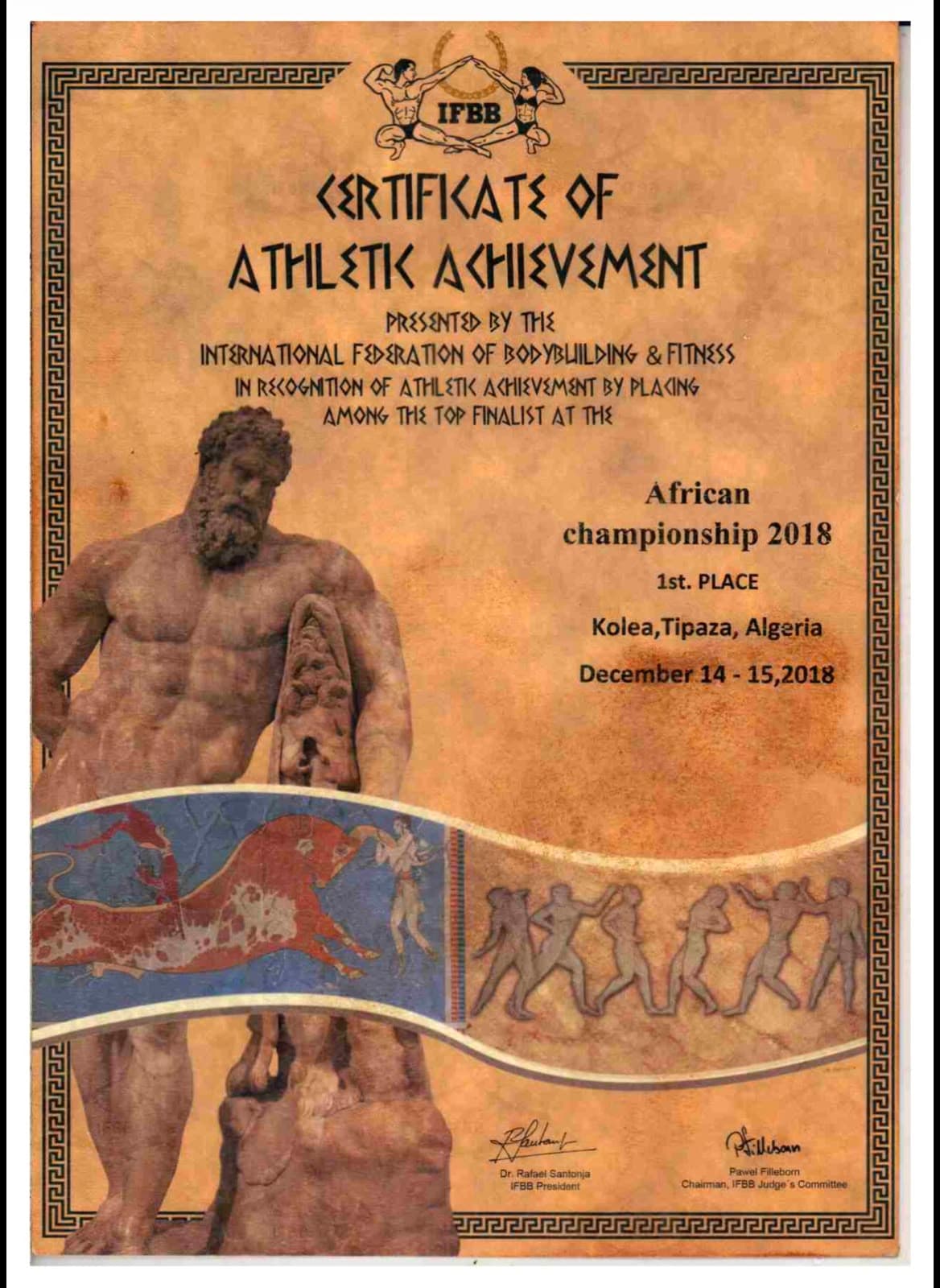 IFBB certificate — African Championship — 1st Place