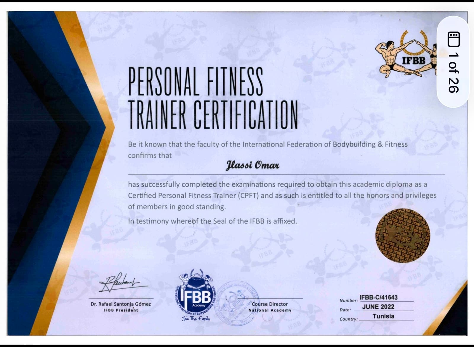 IFBB certificate — Certified Personal Fitness Trainer
