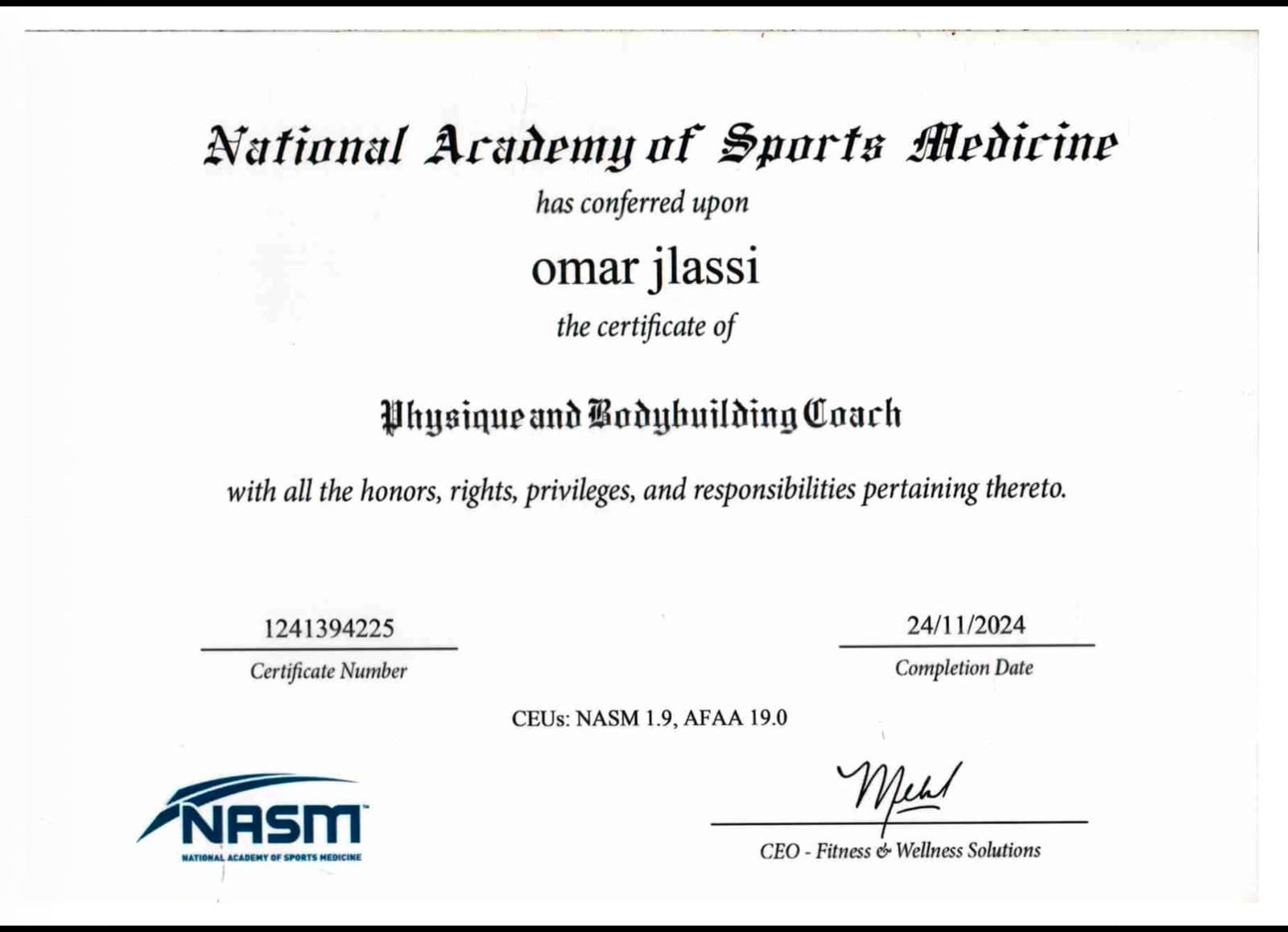 NASM certificate — Physique & Bodybuilding Coach