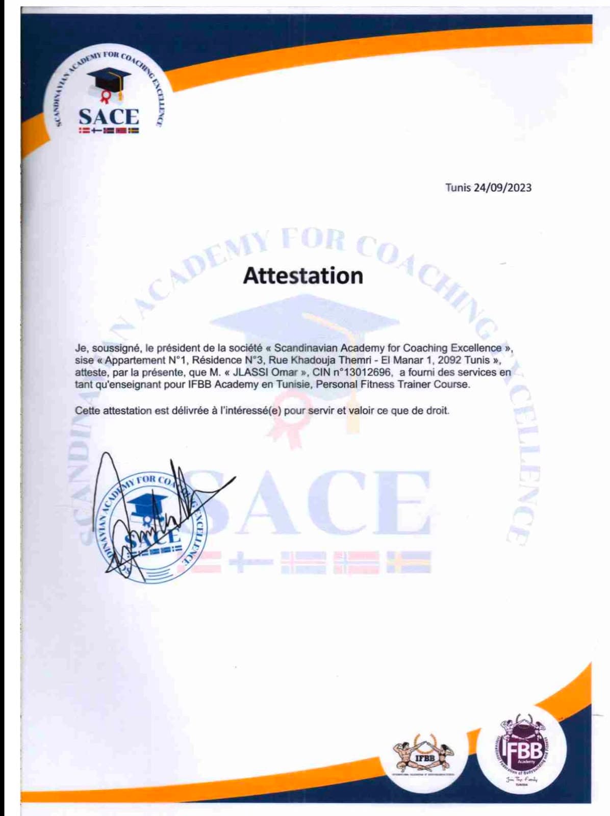 SACE certificate — IFBB Academy Instructor